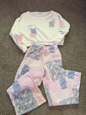 Patchwork off the shoulder Sweatshirt & Wide leg jogger set